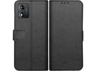 Étui de téléphone noir ouvert, montrant le téléphone et l'intérieur texturé.