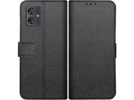 Un étui de téléphone noir de type portefeuille, ouvert pour montrer le téléphone et les fentes pour cartes.