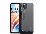 Un téléphone Oppo A38 avec protecteur d'écran et étui de protection. Double caméra.