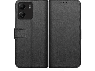 Un étui de téléphone noir fermé avec une surface texturée. Il possède une découpe pour l'appareil photo et une fermeture magnétique.