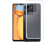 Smartphone noir avec double caméra et protecteur d'écran. Fond orange et blanc sur l'écran.