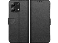 Étui de téléphone en cuir noir, ouvert. L'intérieur montre la découpe de l'appareil photo et le couvercle.