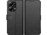 Étui de téléphone en cuir noir, ouvert. L'intérieur montre la découpe de l'appareil photo et le couvercle.