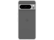 Charger l'image dans la galerie, Un téléphone gris dans un étui transparent, avec une barre de caméra. Le logo Google est au dos.
