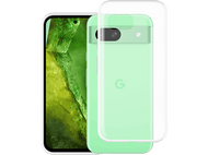 Une coque de téléphone vert menthe et une housse de protection transparente, à côté d'un téléphone blanc.