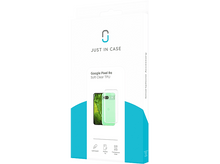 Charger l'image dans la galerie, Boîte de coque de téléphone blanche et bleue. Montre un téléphone avec coque verte, texte 'JUST IN CASE'.

