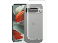 Téléphone avec étui. Le téléphone affiche des couleurs abstraites. L'étui est transparent, avec découpe caméra et boutons.