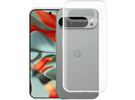 Un téléphone avec une coque sur un fond. Le téléphone est gris. La coque est transparente.