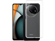 Un smartphone noir avec une coque de protection, montrant la caméra du téléphone et le logo Redmi.