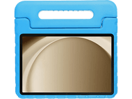 Un étui de tablette bleu avec une poignée. L'écran affiche un fond abstrait marron clair.