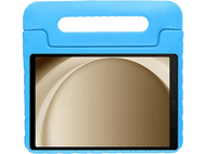 Un étui de tablette bleu avec une poignée en haut, contenant une tablette avec un fond beige.