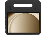 Étui noir pour tablette avec poignée. Écran affiche des lignes courbes beiges abstraites sur fond clair.