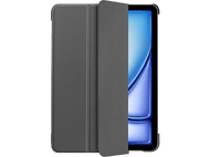 Tablette dans un étui gris, partiellement ouvert. L'écran affiche un dégradé bleu. L'étui est texturé.