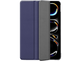 Un étui de téléphone bleu, ouvert pour montrer le téléphone, sur fond noir.