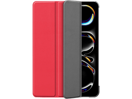 Un étui de téléphone rouge, partiellement ouvert, révélant un écran de téléphone avec un design incurvé sur fond noir.