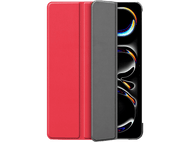 Un étui de téléphone rouge, partiellement ouvert, révélant un écran de téléphone avec un design incurvé sur fond noir.