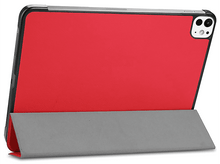 Charger l&#39;image dans la galerie, Étui iPad rouge, plié pour tenir debout. Le dos est rouge, le bas gris.
