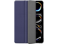 Étui pour tablette, bleu marine et gris. Ouvert, montrant un écran de téléphone avec un design incurvé.