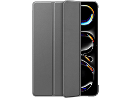 Étui de tablette gris, fermé et plié. Le téléphone est partiellement visible.