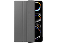 Étui de tablette gris, fermé et plié. Le téléphone est partiellement visible.