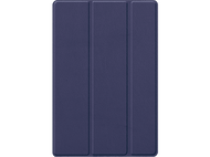 Étui de tablette bleu fermé. Il est fait d'un matériau texturé avec trois panneaux verticaux.