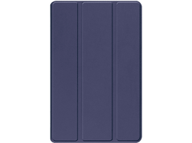 Un étui de tablette bleu foncé fermé avec trois sections verticales.