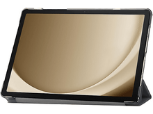 Charger l&#39;image dans la galerie, Tablette dans un étui noir avec écran doré. Un support bleu maintient l&#39;appareil.
