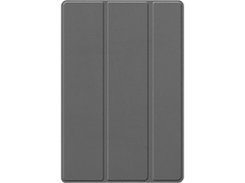 Étui de tablette gris, fermé. Trois panneaux visibles. Fond noir.