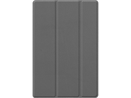 Étui de tablette gris, fermé. Trois panneaux visibles. Fond noir.