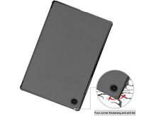 Charger l&#39;image dans la galerie, Une tablette grise avec un cadre noir, montrant un détail de coin avec une protection anti-chute.
