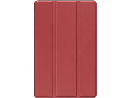 Un étui de tablette rouge à trois volets, fermé, sur fond noir.