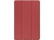 Un étui de tablette rouge à trois volets, fermé, sur fond noir.