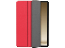 Charger l&#39;image dans la galerie, Un étui de tablette rouge et gris est présenté, ouvert pour révéler une tablette. L&#39;étui est en simili cuir.
