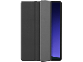 Étui de tablette noir, trois panneaux. Un panneau est ouvert pour révéler l