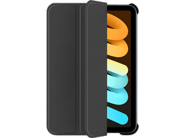 Étui noir pour iPad Mini, ouvert pour révéler la tablette. L