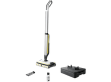 Charger l&#39;image dans la galerie, Un nettoyeur de sol blanc et argenté avec des accessoires, une base de chargement et une bouteille de solution de nettoyage.

