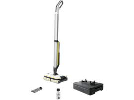 Un nettoyeur de sol blanc et argenté avec des accessoires, une base de chargement et une bouteille de solution de nettoyage.