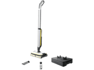 Un nettoyeur de sol blanc et argenté avec des accessoires, une base de chargement et une bouteille de solution de nettoyage.