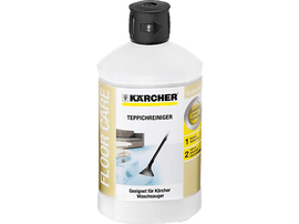 Flacon blanc de nettoyant pour moquettes. Étiquette : Kärcher, Floor Care, Teppichreiniger.