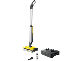 Machine de nettoyage de sol jaune et argent. Elle a une poignée et une base avec des rouleaux. Accessoires noirs.