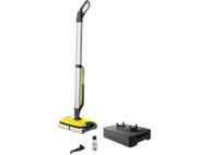 Machine de nettoyage de sol jaune et argent. Elle a une poignée et une base avec des rouleaux. Accessoires noirs.