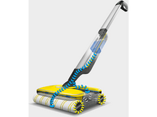 Charger l&#39;image dans la galerie, Nettoyeur de sol jaune et noir. Lignes bleues montrent le flux d&#39;eau. Fond blanc.
