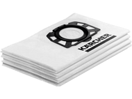 Pile de trois sacs d'aspirateur Kärcher blancs avec un dessus en plastique noir. Fond noir.