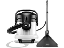 Charger l&#39;image dans la galerie, Aspirateur blanc et noir avec tuyau et tête de nettoyage.
