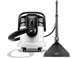 Aspirateur blanc et noir avec tuyau et tête de nettoyage.