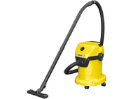 Un aspirateur Kärcher jaune, avec un long tuyau et un accessoire de nettoyage.