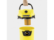 Charger l&#39;image dans la galerie, Un aspirateur jaune dont la partie supérieure est retirée, montrant un filtre orange et un seau jaune.
