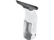 Un nettoyeur de vitres blanc avec une raclette grise et un réservoir d'eau, isolé sur fond noir.