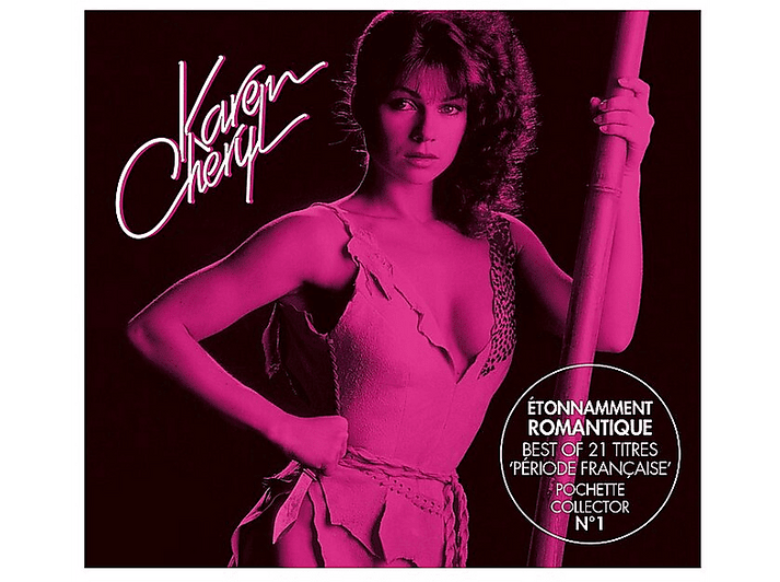 Pochette d'album de Karen Cheryl avec fond rose. Une femme en robe rose tient un bâton de bambou.