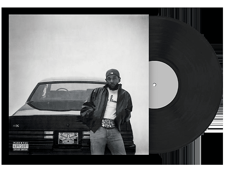 Pochette d'album avec un homme debout à côté d'une voiture. Un disque vinyle est à droite de la pochette.